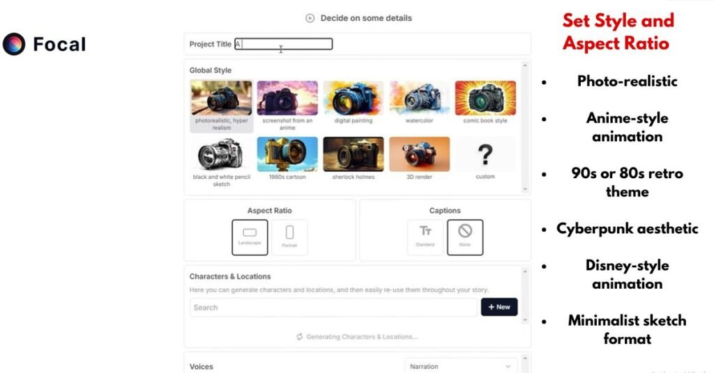 Different AI-generated animation styles and aspect ratio options