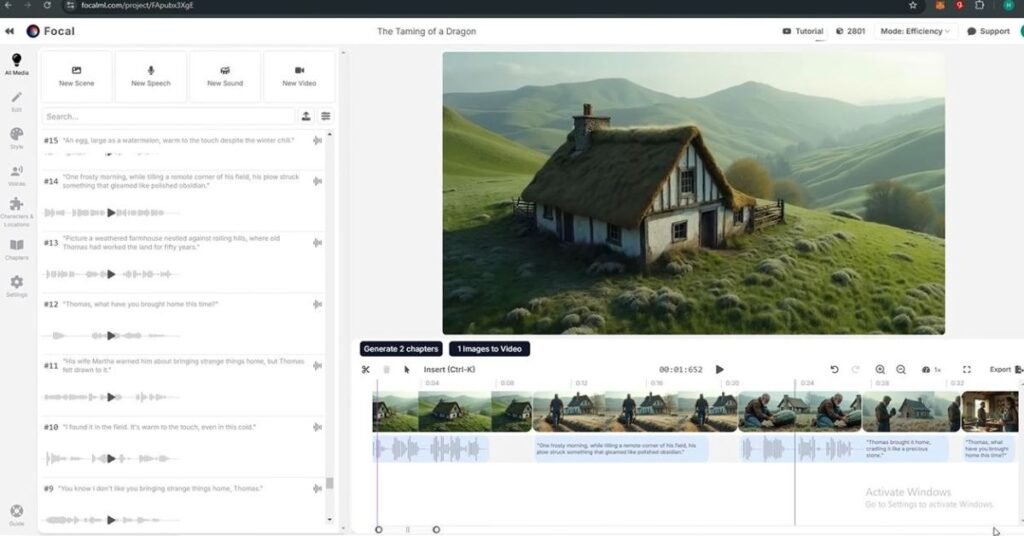 AI-generated character designs, background settings, and video production interface.