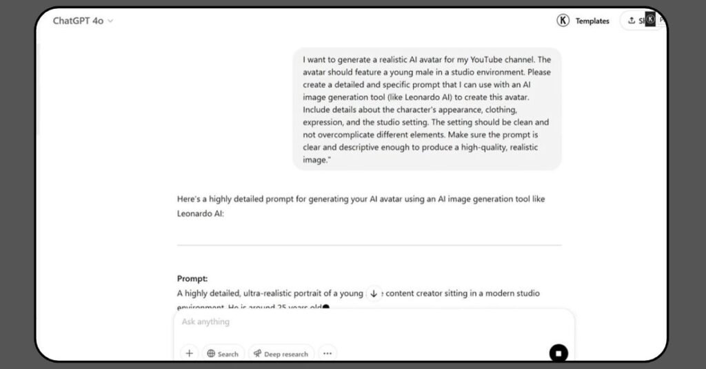 Generating a detailed AI avatar prompt using ChatGPT for a realistic virtual character
