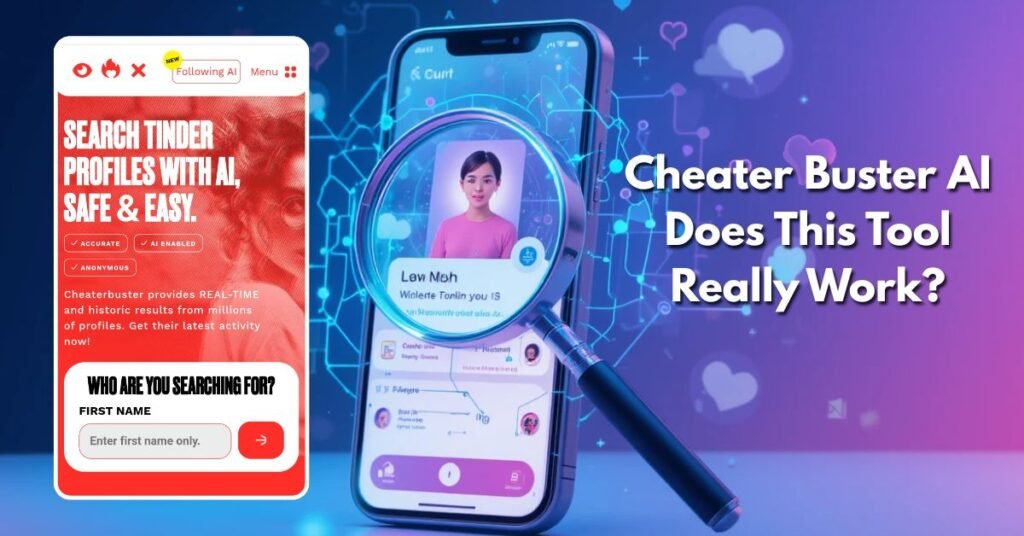 Illustration of a smartphone showing a Tinder profile scanned by Cheater Buster AI with a magnifying glass and AI glow.