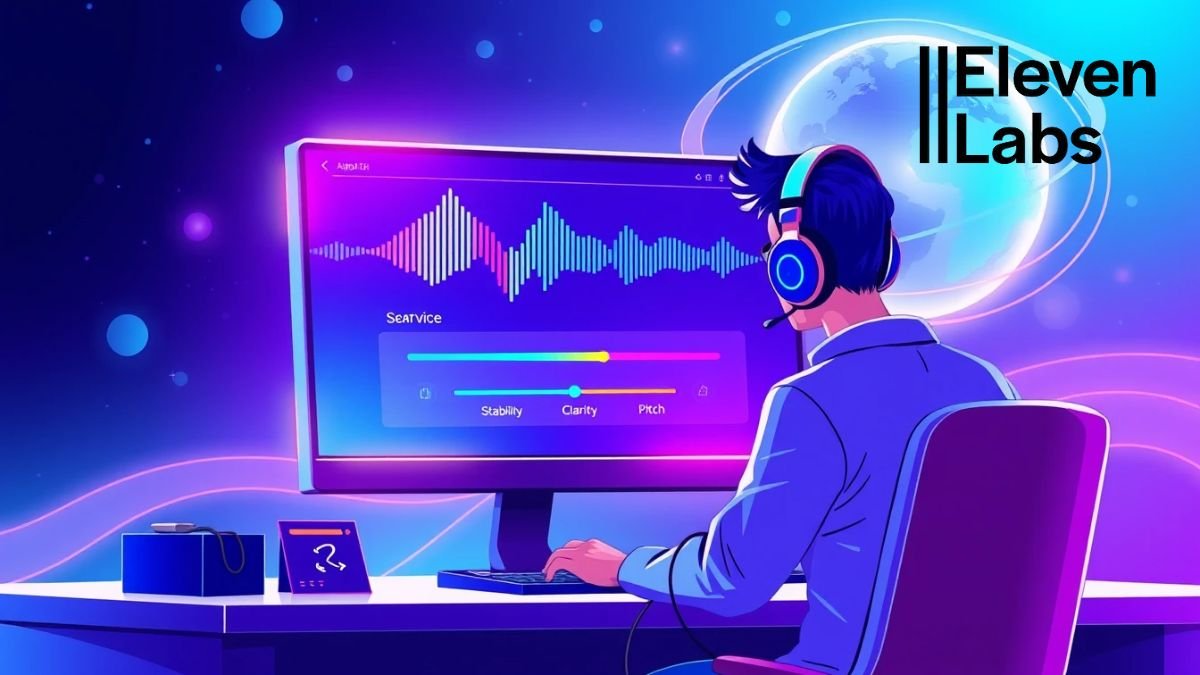 Illustration of a person using ElevenLabs AI voice settings on a computer with colorful waveforms and sliders