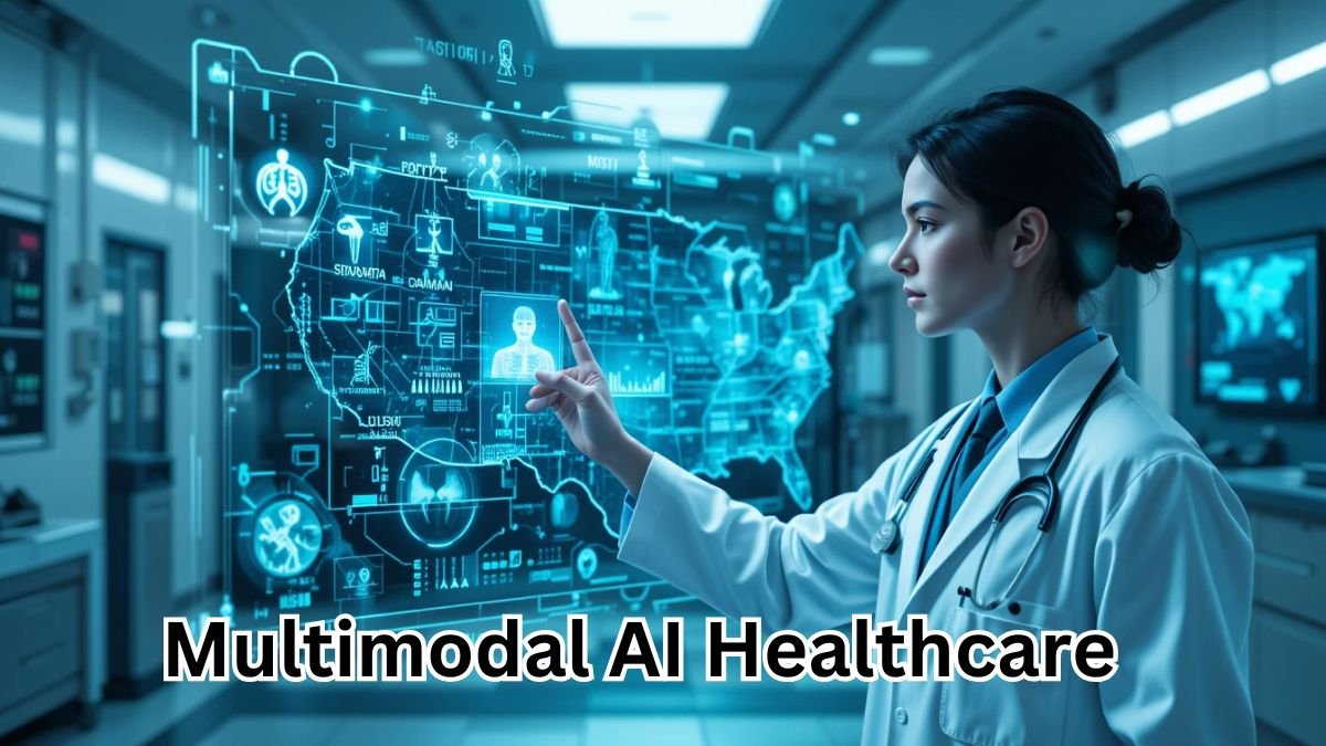 Futuristic doctor using multimodal AI healthcare technology with holographic medical data in a U.S. hospital