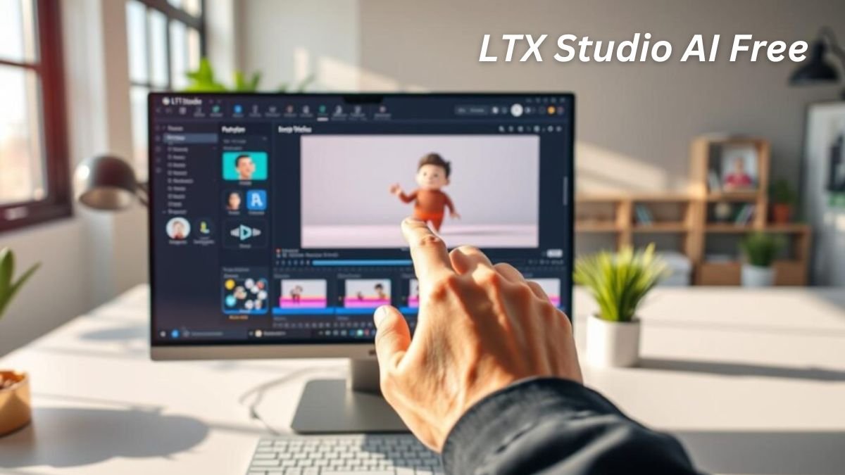 A futuristic workspace with LTX Studio AI Free interface on a computer screen, showcasing animation tools