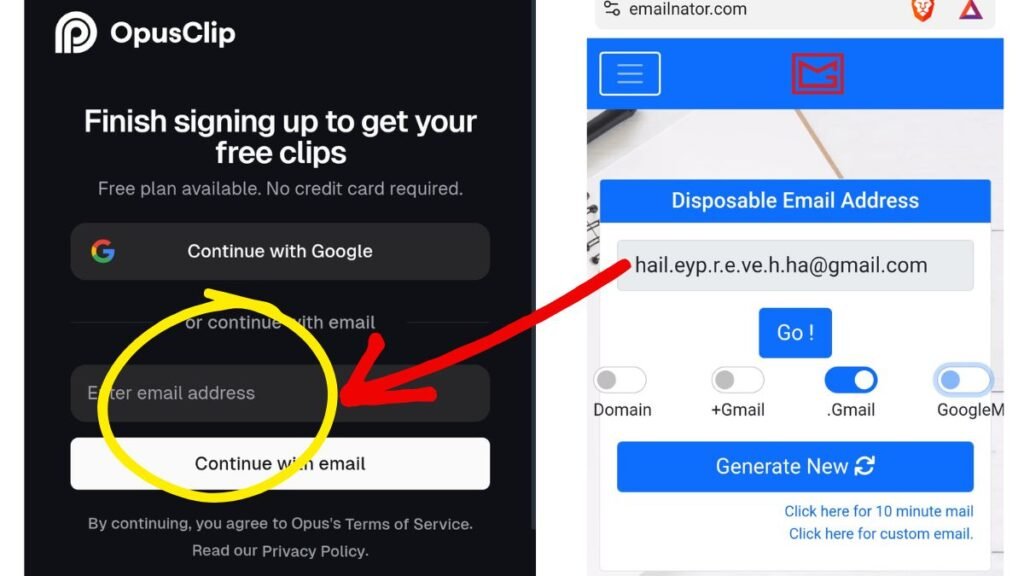 Using temp mail to unlock unlimited Opus Clip access