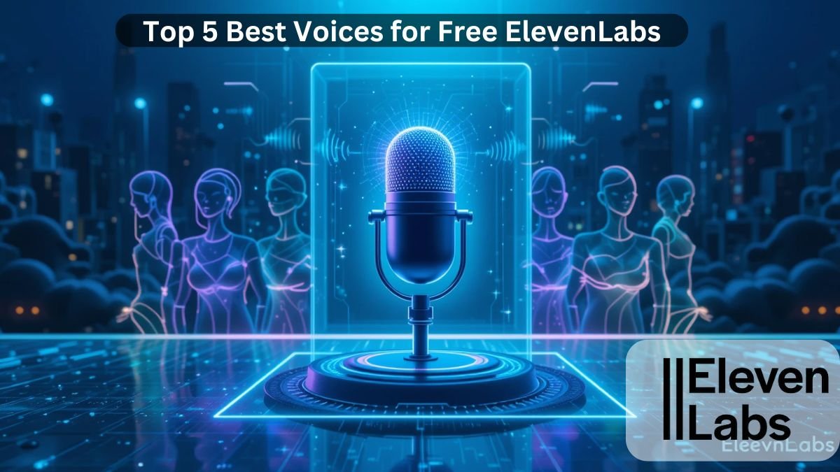 Futuristic digital workspace with a glowing microphone and five human silhouettes made of light particles, representing the top 5 free ElevenLabs voices.