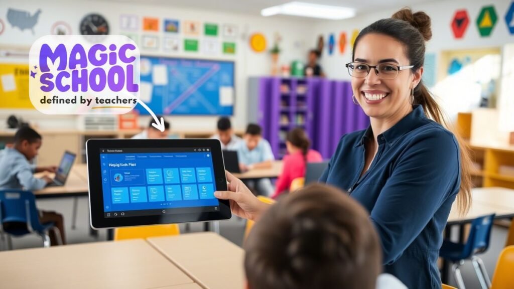 Teacher using MagicSchool AI on a tablet to plan lessons in a modern classroom