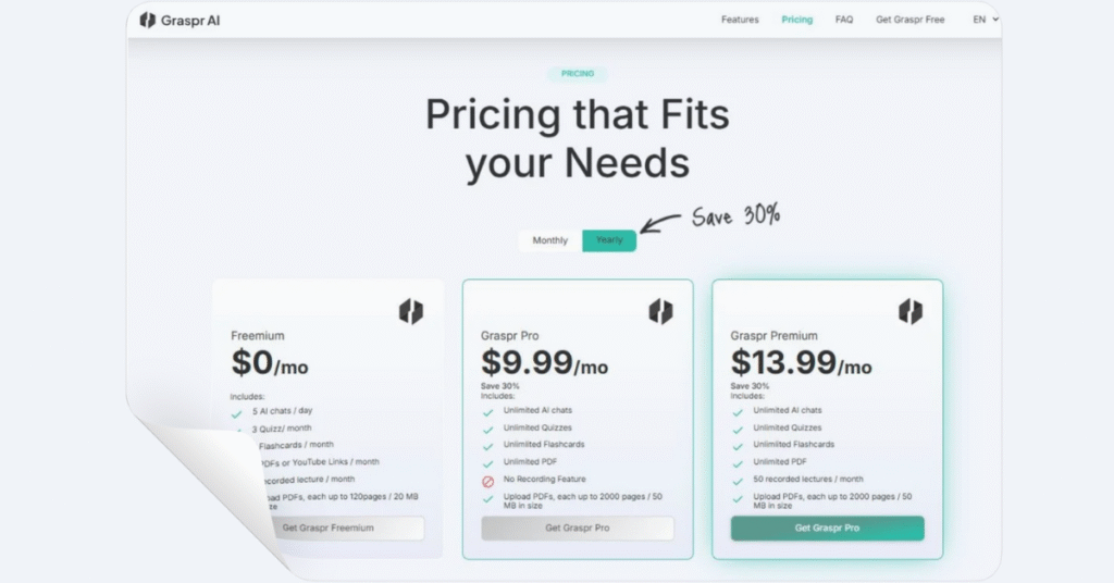 Graspr AI pricing plans showcasing Freemium, Pro, and Premium options