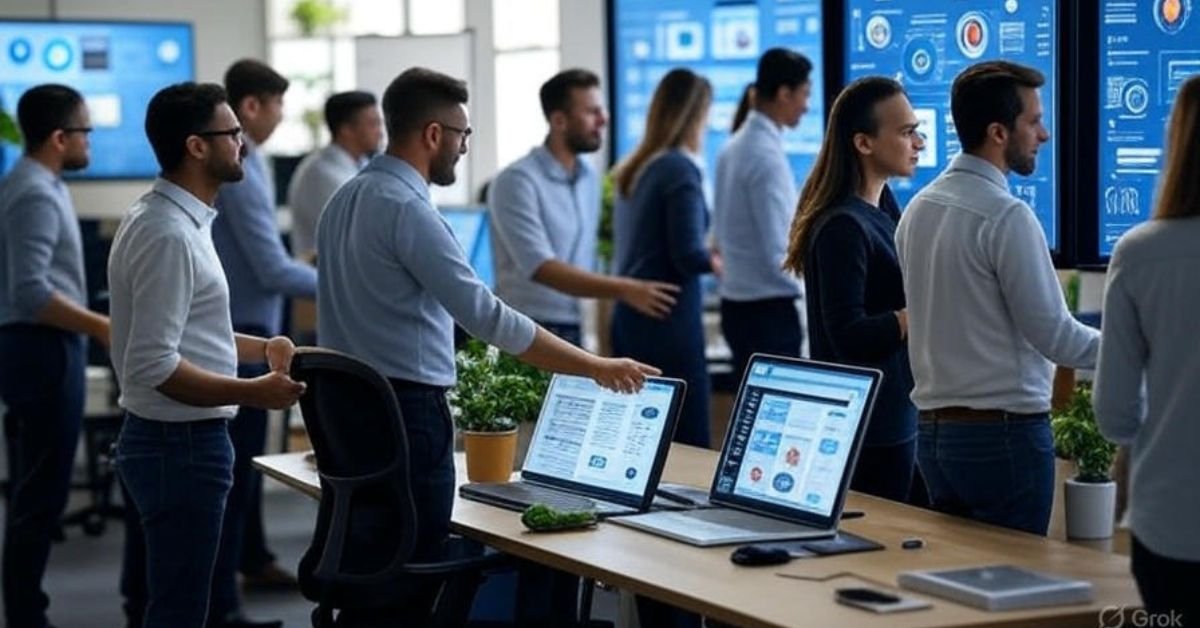 Creatio 8.3 AI , Business team using AI-native CRM automation software with digital agents on screen