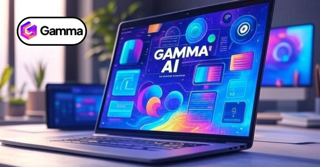 Modern laptop displaying a Gamma AI presentation with vibrant AI-powered slides