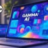 Modern laptop displaying a Gamma AI presentation with vibrant AI-powered slides