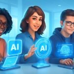 A friendly, futuristic image showing people using the top AI tools in 2025 on holographic screens, representing the best AI software for various tasks.