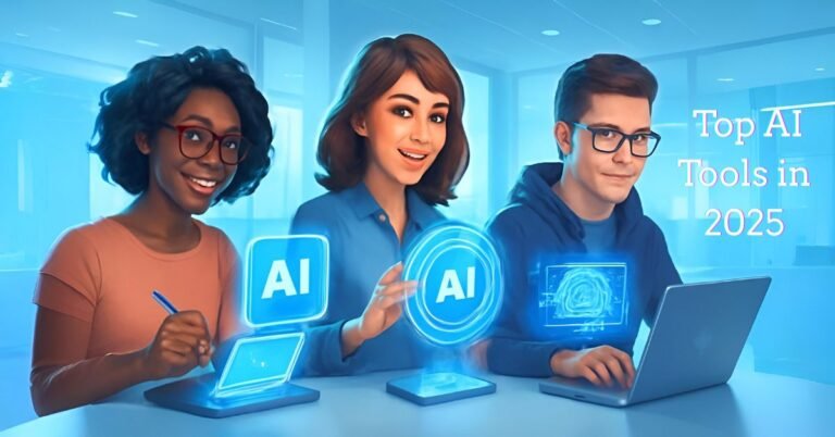 A friendly, futuristic image showing people using the top AI tools in 2025 on holographic screens, representing the best AI software for various tasks.