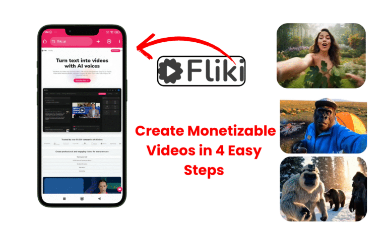 A screenshot of the Fliki AI video editor showing a scene-based script, AI voice selection, and the layout for auto-picking media clips.