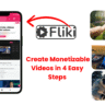 A screenshot of the Fliki AI video editor showing a scene-based script, AI voice selection, and the layout for auto-picking media clips.