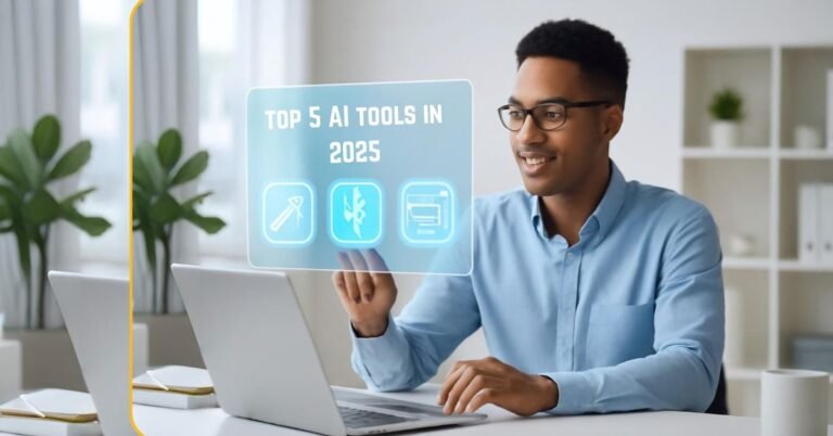 A futuristic graphic showing a person interacting with a holographic interface displaying logos of top AI tools, illustrating the concept of AI boosting productivity, 5 AI Tools in 2025.
