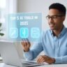 A futuristic graphic showing a person interacting with a holographic interface displaying logos of top AI tools, illustrating the concept of AI boosting productivity, 5 AI Tools in 2025.