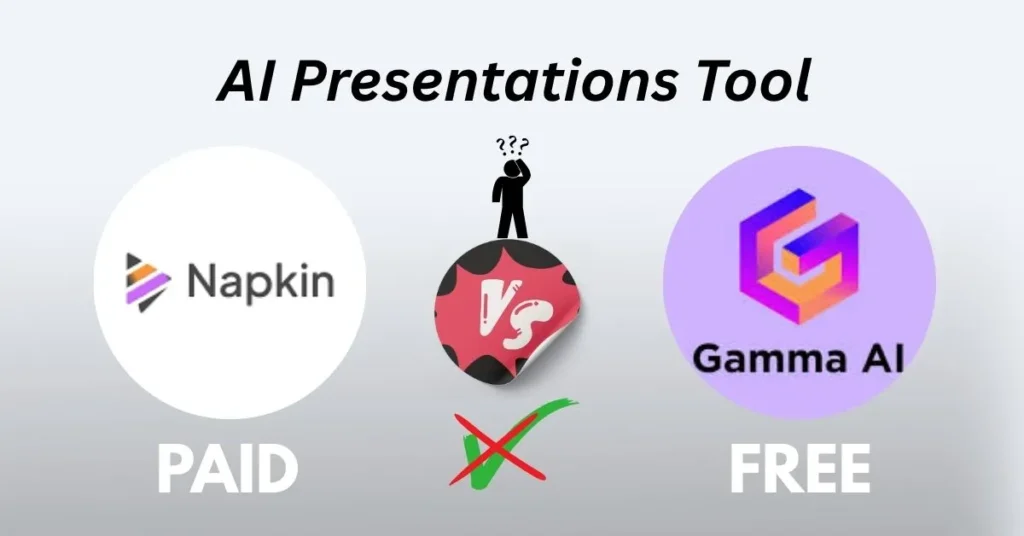 Comparison of paid and free AI presentation tools in 2025, featuring Napkin and Gamma AI logos.