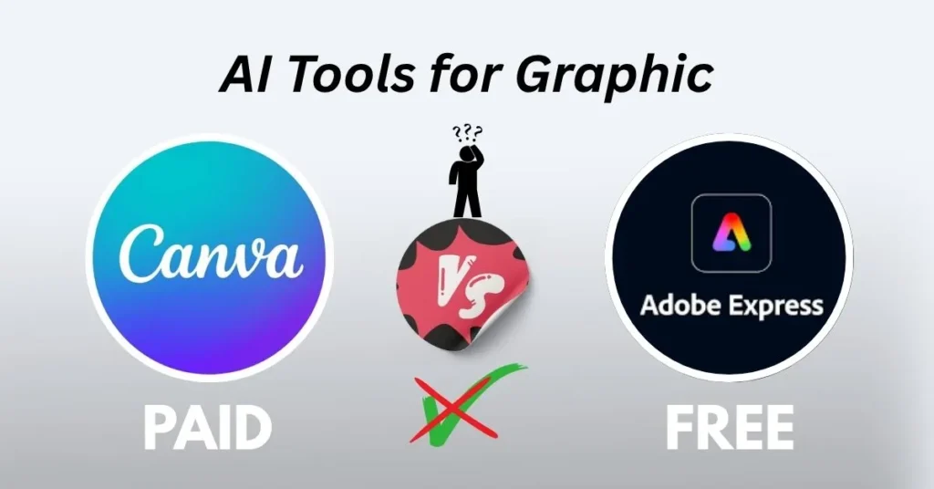 Comparison of paid and free AI graphic design tools in 2025, featuring Canva and Adobe Express logos.