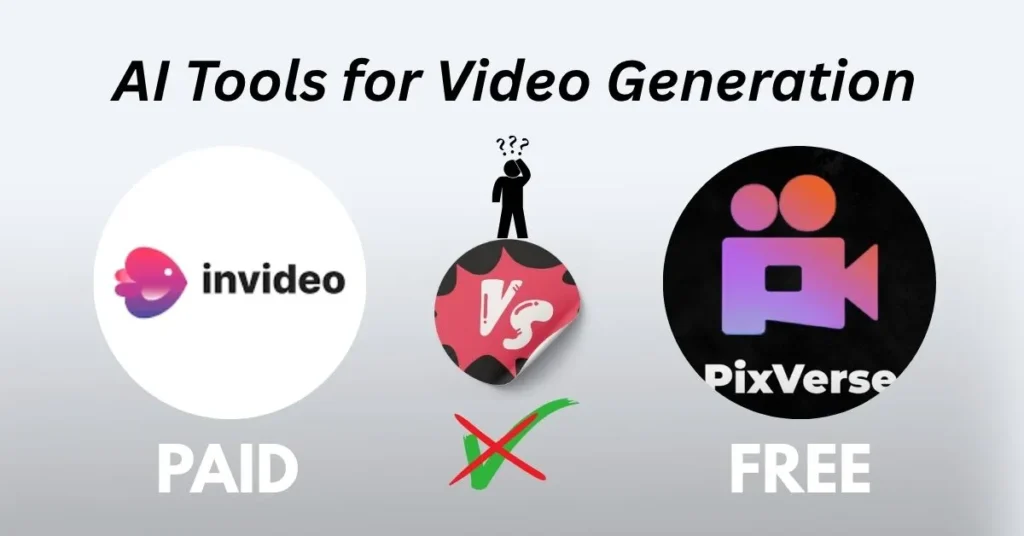 Comparison of paid and free AI video generation tools in 2025, featuring Invideo and PixVerse logos.