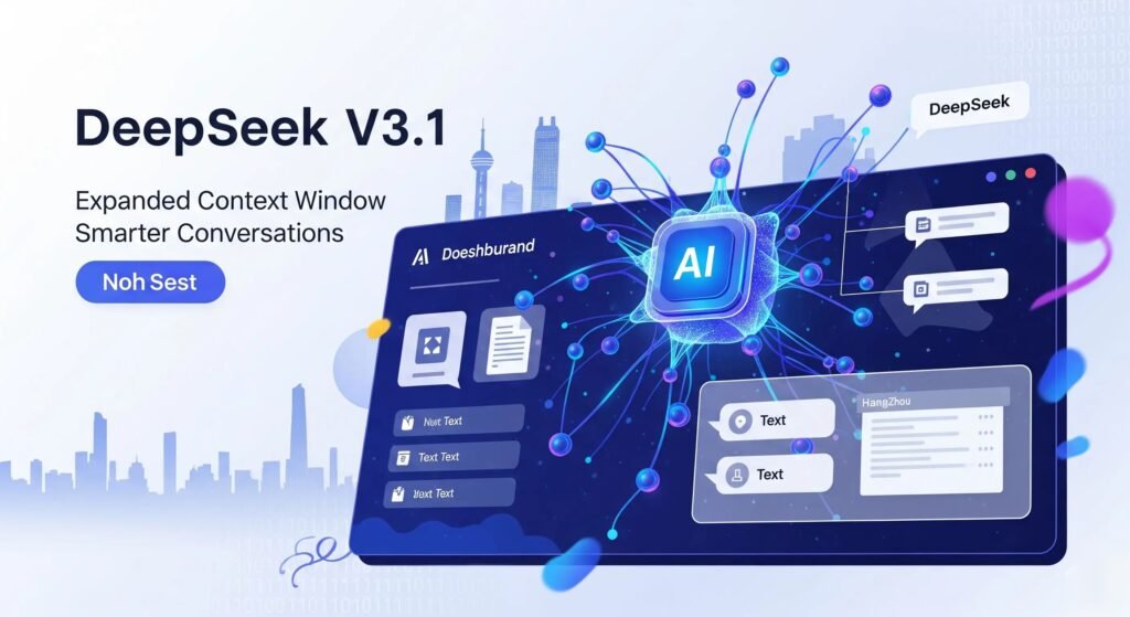 Digital illustration of DeepSeek V3.1 AI model interface with glowing neural network and text processing visuals.
