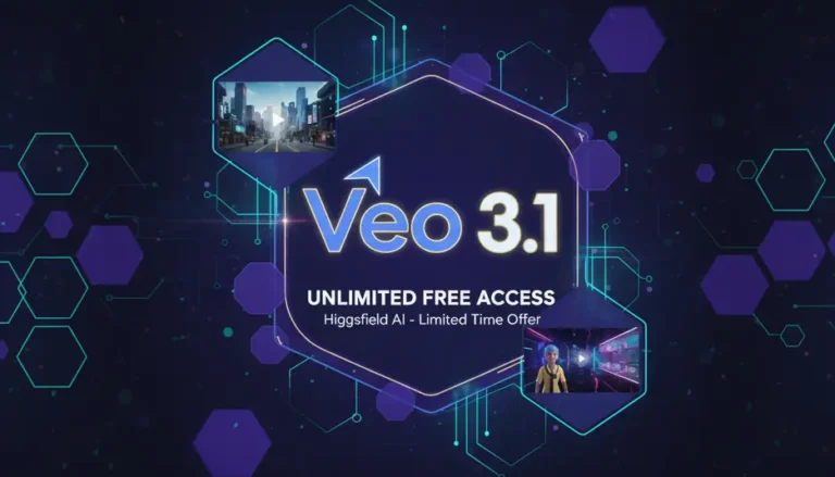 A futuristic graphic showcasing the Google Veo 3.1 logo with text "Unlimited Free Access" and "Higgsfield AI - Limited Time Offer." Two small inset screens show examples of AI-generated videos: one of a city street and another with an animated character in a vibrant room. The background is a dark blue with interconnected hexagonal patterns, symbolizing technology and connectivity.