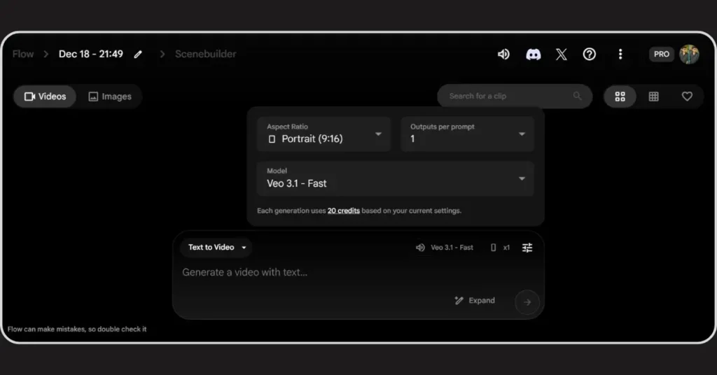 Google Flow AI project dashboard showing workspace interface and new project creation button