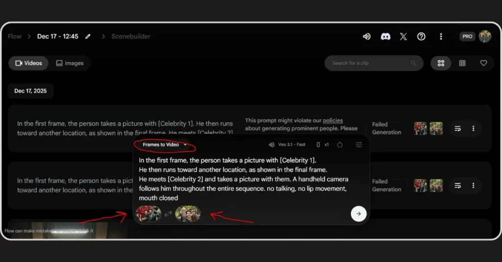 Google Flow Frames to Frames Video settings panel using Veo 3.1 model