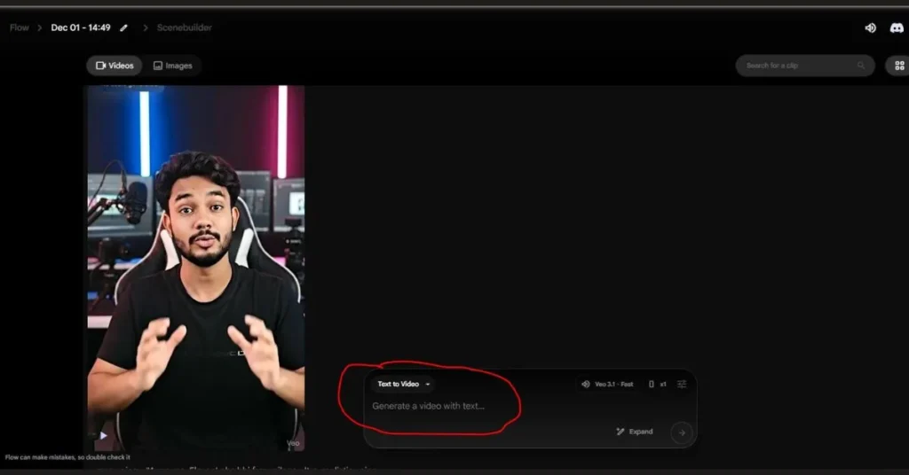 Google Flow Frames to Video settings panel using Veo 3.1 model