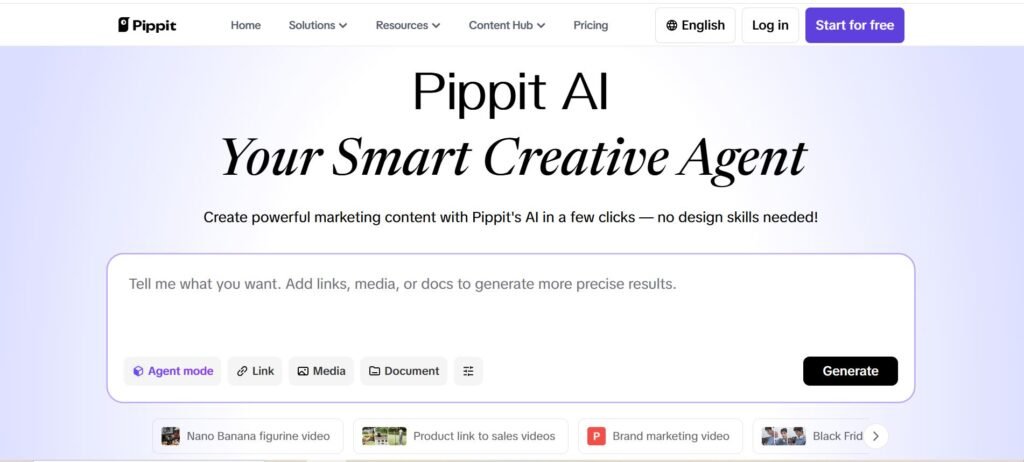 Pippit AI simple dashboard start for free click and go to sign up